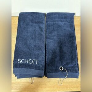 NWOT Schott Navy Golf Towels with Novelty Putter Pens and Golf Tees